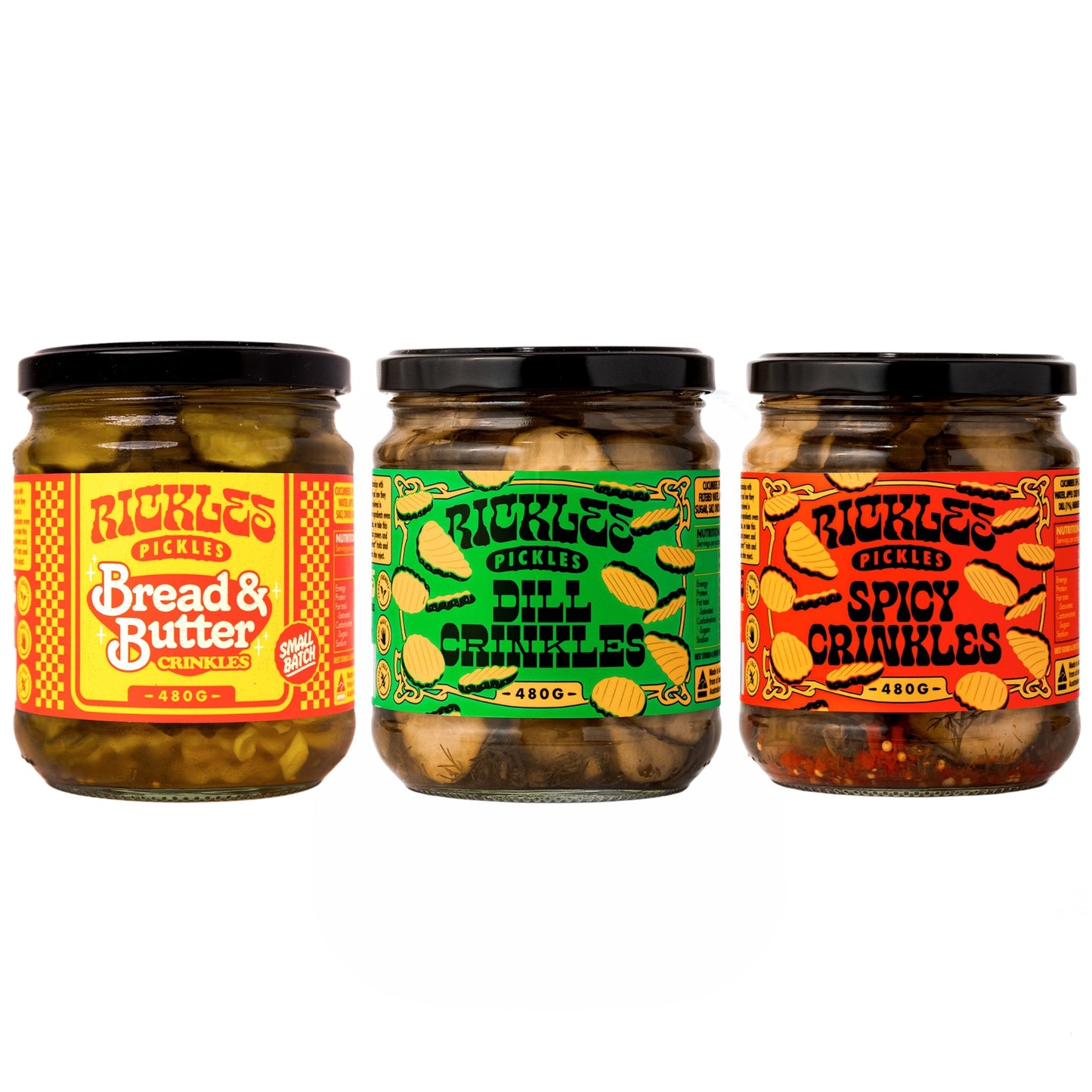 PICKLE TRIO- THREE PACK- DILL'S, SPICY'S & B&B CRINKLES 480G