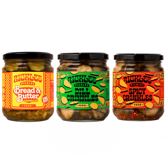 PICKLE TRIO- THREE PACK- DILL'S, SPICY'S & B&B CRINKLES 480G