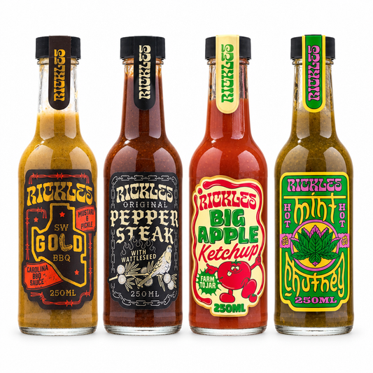 Four Rickles bottles: SW Gold, OG Pepper Steak Sauce, Big Apple Ketchup and Hot Mint Chutney